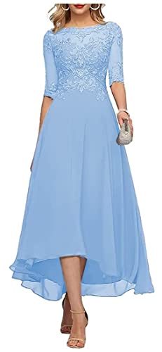 HUINI Damen Abendkleid Wadenlang Spitzen Brautmutterkleid mit Ärmel High Low Schlicht Hochzeit Gast Kleid Hellblau 46 von HUINI