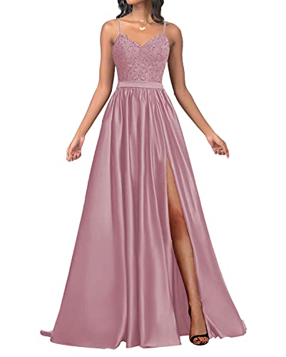 HUINI Damen Abendkleider Lang A-Linie Ballkleider Satin Hochzeit Brautjungfernkleider Abiballkleider Spitzen Cocktail Festkleider Altrosa 36 von HUINI