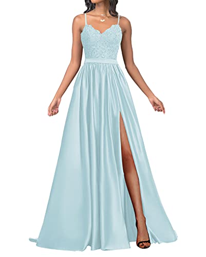 HUINI Damen Abendkleider Lang A-Linie Ballkleider Satin Hochzeit Brautjungfernkleider Abiballkleider Spitzen Cocktail Festkleider Eisblau 36 von HUINI