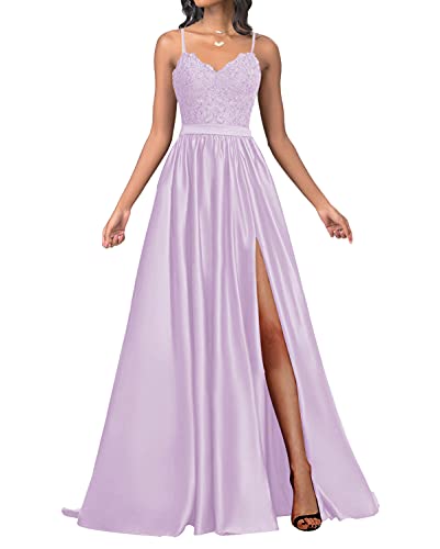 HUINI Damen Abendkleider Lang A-Linie Ballkleider Satin Hochzeit Brautjungfernkleider Abiballkleider Spitzen Cocktail Festkleider Lila 36 von HUINI