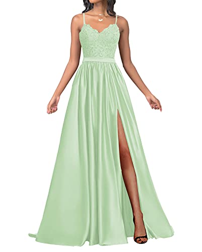 HUINI Damen Abendkleider Lang A-Linie Ballkleider Satin Hochzeit Brautjungfernkleider Abiballkleider Spitzen Cocktail Festkleider Mint 42 von HUINI