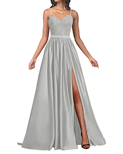 HUINI Damen Abendkleider Lang A-Linie Ballkleider Satin Hochzeit Brautjungfernkleider Abiballkleider Spitzen Cocktail Festkleider Silber-grau 36 von HUINI