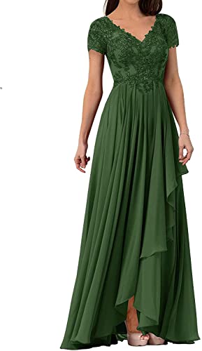 HUINI Damen Abendkleider Lang Chiffon Brautmutterkleid Kurzarm Elegant Hochzeitskleid für Gäst V-Ausschnitt Dunkel grün 48 von HUINI