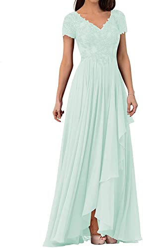 HUINI Damen Abendkleider Lang Chiffon Brautmutterkleid Kurzarm Elegant Hochzeitskleid für Gäst V-Ausschnitt Hell Mint 48 von HUINI