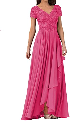 HUINI Damen Abendkleider Lang Chiffon Brautmutterkleid Kurzarm Elegant Hochzeitskleid für Gäst V-Ausschnitt Hot pink 38 von HUINI