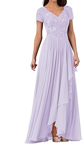 HUINI Damen Abendkleider Lang Chiffon Brautmutterkleid Kurzarm Elegant Hochzeitskleid für Gäst V-Ausschnitt Lila 50 von HUINI