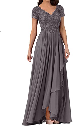 HUINI Damen Abendkleider Lang Chiffon Brautmutterkleid Kurzarm Elegant Hochzeitskleid für Gäst V-Ausschnitt Mauve 50 von HUINI
