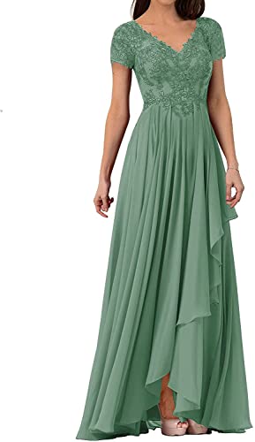 HUINI Damen Abendkleider Lang Chiffon Brautmutterkleid Kurzarm Elegant Hochzeitskleid für Gäst V-Ausschnitt Salbei 38 von HUINI