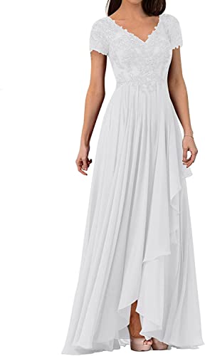 HUINI Damen Abendkleider Lang Chiffon Brautmutterkleid Kurzarm Elegant Hochzeitskleid für Gäst V-Ausschnitt Weiß 44 von HUINI