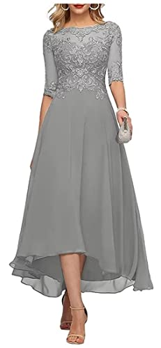 HUINI Damen Abendkleider Spitzen Brautmutterkleid mit Ärmel Wadenlang Formell Hochzeitsgast Kleid Festkleid Silber 46 von HUINI