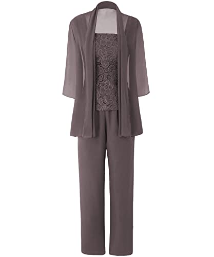 HUINI Damen Abendparty Hosenanzug 3-teilig Mutter der Braut Kleid Set mit Jacke Chiffon Langarm Festkleid Grau 44 von HUINI