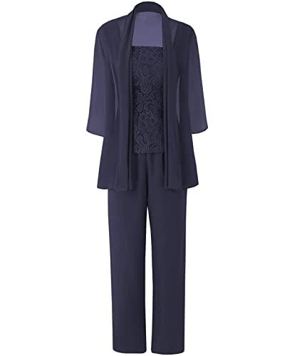 HUINI Damen Abendparty Hosenanzug 3-teilig Mutter der Braut Kleid Set mit Jacke Chiffon Langarm Festkleid Navy 42 von HUINI