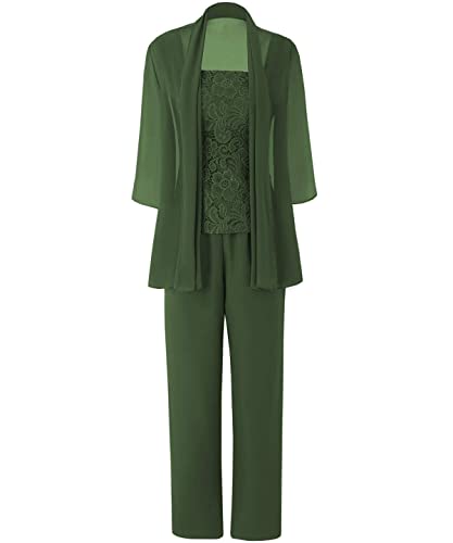 HUINI Damen Abendparty Hosenanzug 3-teilig Mutter der Braut Kleid Set mit Jacke Chiffon Langarm Festkleid Oliv 42 von HUINI