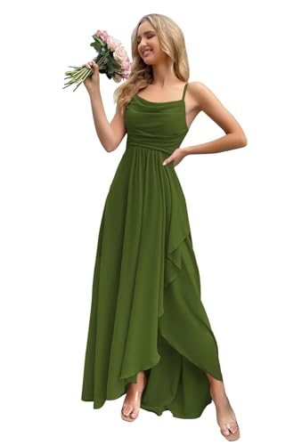 HUINI Damen Ballkleid Formales Chiffon Abendkleid für Hochzeit Lang Ärmellos Promkleid Dunkel-olivgrün 44 von HUINI