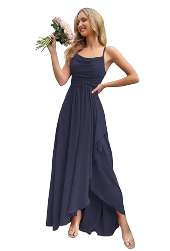 HUINI Damen Ballkleid Formales Chiffon Abendkleid für Hochzeit Lang Ärmellos Promkleid Navy 44 von HUINI