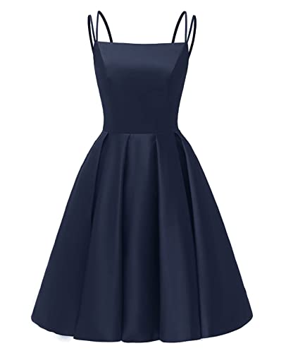 HUINI Damen Ballkleid Knielang Satin Elegant Abendkleid für Hochzeit Brautjungfernkleid Sommerlicher Partykleid Navy 38 von HUINI