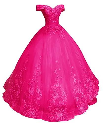 HUINI Damen Ballkleid Lang A-Linie Abendkleid Hochzeitskleid Prinzessin Spitzen Promkleid Quinceanera Kleid Hot pink 38 von HUINI