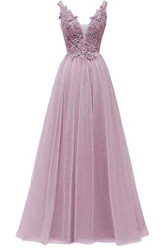 HUINI Damen Ballkleider V-Ausschnitt Elegant Abendkleid Tüll Hochzeit Brautjungfernkleider Lang Festkleid Partykleid Baby pink 40 von HUINI