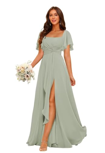 HUINI Damen Brautjungfernkleid Chiffon Falten A-Linie Abendkleid Hochzeitskleid mit Schlitz Hell-Salbei-A 44 von HUINI