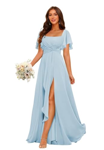 HUINI Damen Brautjungfernkleid Chiffon Falten A-Linie Abendkleid Hochzeitskleid mit Schlitz Hellblau 44 von HUINI