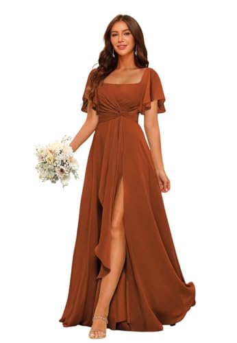 HUINI Damen Brautjungfernkleid Chiffon Falten A-Linie Abendkleid Hochzeitskleid mit Schlitz Karamel 44 HUINI Damen Brautjungfernkleid Chiffon Falten A-Linie Abendkleid Hochzeitskleid mit Schlitz Karamel 44 von HUINI
