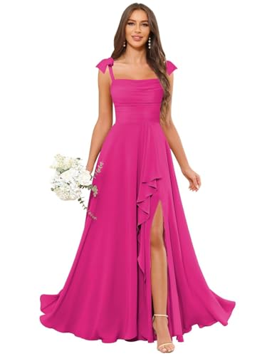 HUINI Damen Brautjungfernkleid Lang mit Schlitz A-Linie Träger Formal Abendparty Kleid Große Größen Hell-Fuchsie 36 von HUINI