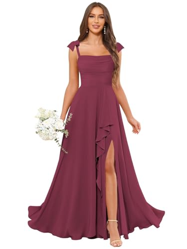 HUINI Damen Brautjungfernkleid Lang mit Schlitz A-Linie Träger Formal Abendparty Kleid Große Größen Himbeerenrot 36 von HUINI