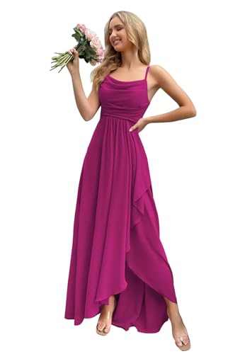 HUINI Damen Brautjungfernkleid für Hochzeit - Lang Spaghettiträger Elegant Ballkleid Rückenfrei Fuchsie 34 von HUINI