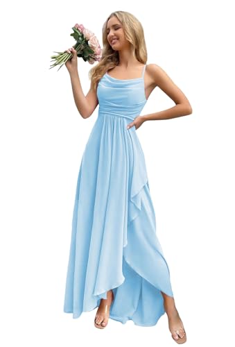 HUINI Damen Brautjungfernkleid für Hochzeit - Lang Spaghettiträger Elegant Ballkleid Rückenfrei Hellblau 34 von HUINI