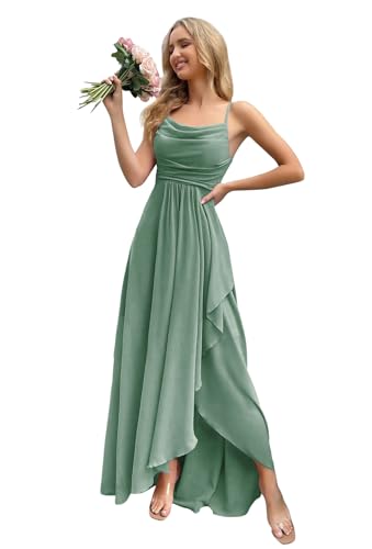HUINI Damen Brautjungfernkleid für Hochzeit - Lang Spaghettiträger Elegant Ballkleid Rückenfrei Salbeigrün 34 von HUINI