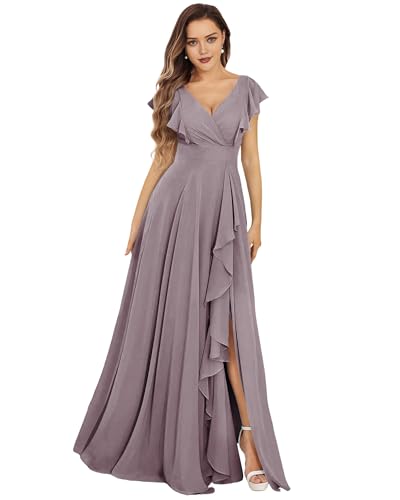HUINI Damen Brautjungfernkleider Lang Chiffon Abendkleid mit Schlitz V-Ausschnitt Hochzeitsgast Kleid Mauve 46 von HUINI