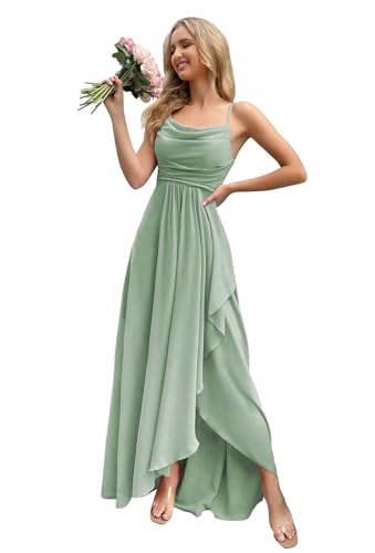 HUINI Damen Brautjungfernkleider Lang Chiffon Formell Abendkleid Hochzeitgast Kleid Ärmellos Grasgrün 40 von HUINI