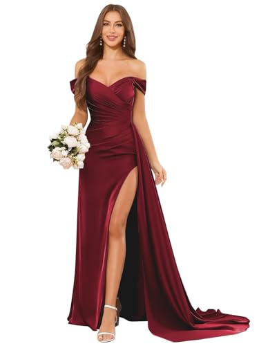 HUINI Damen Brautjungfernkleider Lang Satin - Off-Shoulder Meerjungfrauen Formelles Hochzeitsgastkleid mit Schlitz Weinrot 58 von HUINI
