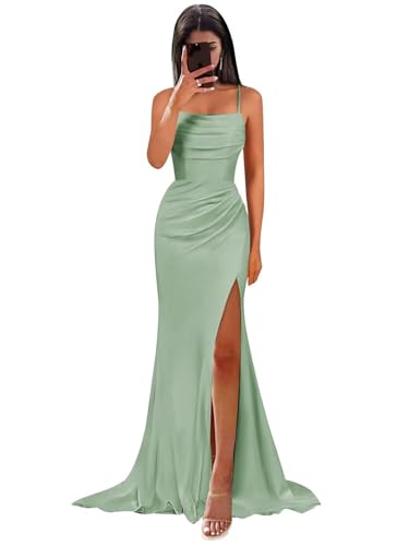HUINI Damen Brautjungfernkleider Lang Spaghettiträger Satin Ballkleider für Hochzeit Rückenfrei Hell Salbei 36 von HUINI
