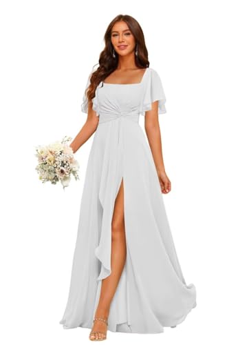 HUINI Damen Brautjungfernkleider mit Schlitz Chiffon Lang Elegant Abendkleid für Hochzeit Gast Weiß 48 von HUINI