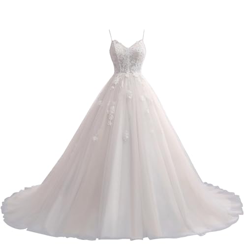HUINI Damen Brautkleider Lang A-Linie Tüll Hochzeitskleid Glitzer Brautmode Spitze Vintage Standesamtkleid Prinzessin Elfenbein 44 von HUINI
