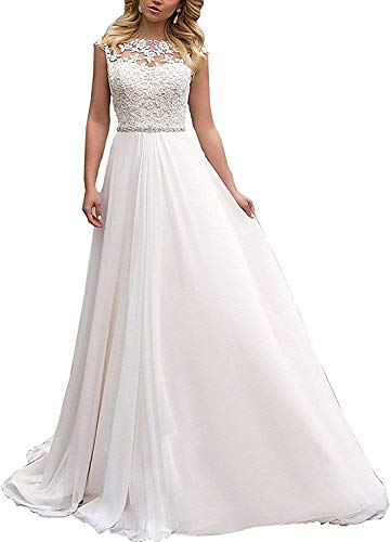 HUINI Damen Brautkleider Lang Prinzessin Hochzeitskleider Standesamtliche Chiffon A-Linie Brautmode Glitzer Vintage Brautkleider Weiß 42 von HUINI