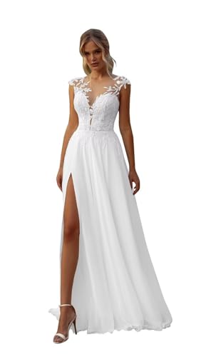 HUINI Damen Brautkleider Schlicht Elegant Standesamtkleid Lang Spitzen A-Linie Hochzeitskleid Weiß 40 HUINI Damen Brautkleider Schlicht Elegant Standesamtkleid Lang Spitzen A-Linie Hochzeitskleid Weiß 40 von HUINI