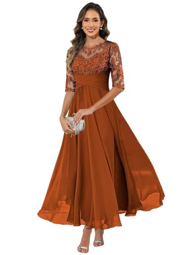 HUINI Damen Brautmutterkleid Chiffon Lang - Spitzen Formales Abendkleid Kleider Halbärmel A-Linie Festliche Für Hochzeit Brandorange 42 HUINI Damen Brautmutterkleid Chiffon Lang - Spitzen Formales Abendkleid Kleider Halbärmel A-Linie Festliche Für Hochzeit Brandorange 42 von HUINI