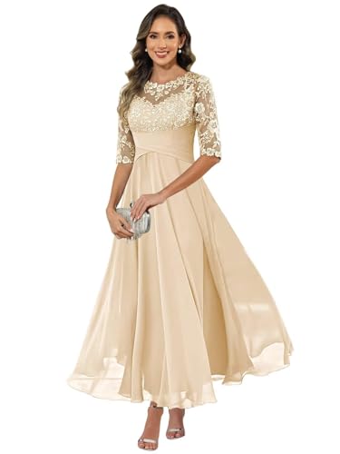 HUINI Damen Brautmutterkleid Chiffon Lang - Spitzen Formales Abendkleid Kleider Halbärmel A-Linie Festliche Für Hochzeit Champagner 44 von HUINI