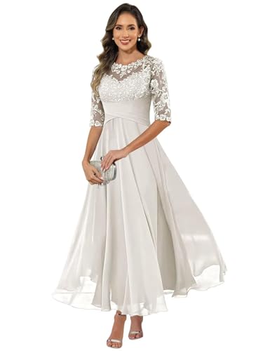 HUINI Damen Brautmutterkleid Chiffon Lang - Spitzen Formales Abendkleid Kleider Halbärmel A-Linie Festliche Für Hochzeit Elfenbein 44 von HUINI