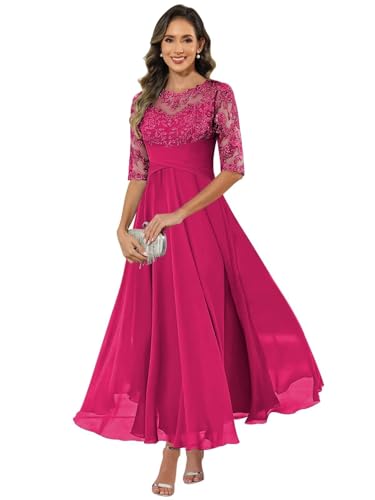 HUINI Damen Brautmutterkleid Chiffon Lang - Spitzen Formales Abendkleid Kleider Halbärmel A-Linie Festliche Für Hochzeit Fuchsia 46 HUINI Damen Brautmutterkleid Chiffon Lang - Spitzen Formales Abendkleid Kleider Halbärmel A-Linie Festliche Für Hochzeit Fuchsia 46 von HUINI