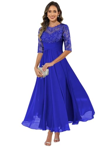 HUINI Damen Brautmutterkleid Chiffon Lang - Spitzen Formales Abendkleid Kleider Halbärmel A-Linie Festliche Für Hochzeit Königsblau 50 von HUINI