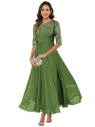 HUINI Damen Brautmutterkleid Chiffon Lang - Spitzen Formales Abendkleid Kleider Halbärmel A-Linie Festliche Für Hochzeit Olivgrün 48 von HUINI