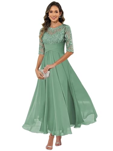 HUINI Damen Brautmutterkleid Chiffon Lang - Spitzen Formales Abendkleid Kleider Halbärmel A-Linie Festliche Für Hochzeit Pastellgrün 48 von HUINI