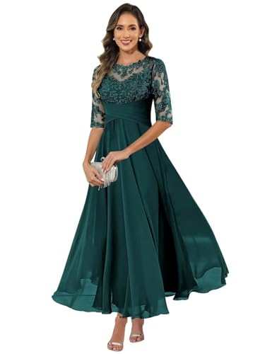 HUINI Damen Brautmutterkleid Chiffon Lang - Spitzen Formales Abendkleid Kleider Halbärmel A-Linie Festliche Für Hochzeit Petrol 48 von HUINI