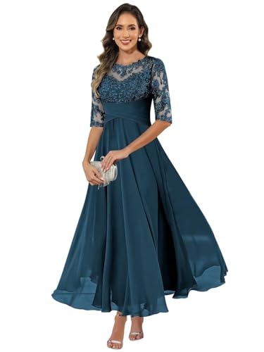 HUINI Damen Brautmutterkleid Chiffon Lang - Spitzen Formales Abendkleid Kleider Halbärmel A-Linie Festliche Für Hochzeit Petrolblau 40 von HUINI