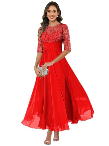 HUINI Damen Brautmutterkleid Chiffon Lang - Spitzen Formales Abendkleid Kleider Halbärmel A-Linie Festliche Für Hochzeit Rot 50 von HUINI