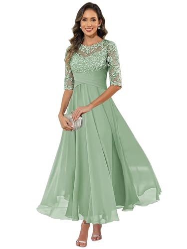 HUINI Damen Brautmutterkleid Chiffon Lang - Spitzen Formales Abendkleid Kleider Halbärmel A-Linie Festliche Für Hochzeit Salbeigrün 48 von HUINI