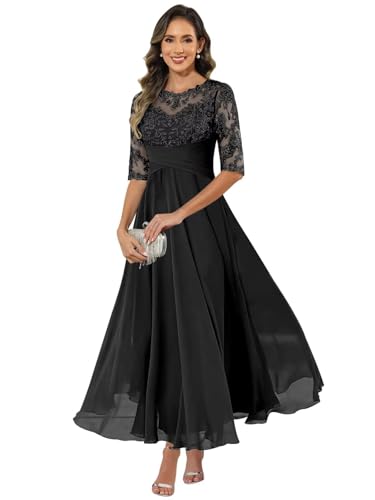 HUINI Damen Brautmutterkleid Chiffon Lang - Spitzen Formales Abendkleid Kleider Halbärmel A-Linie Festliche Für Hochzeit Schwarz 50 von HUINI